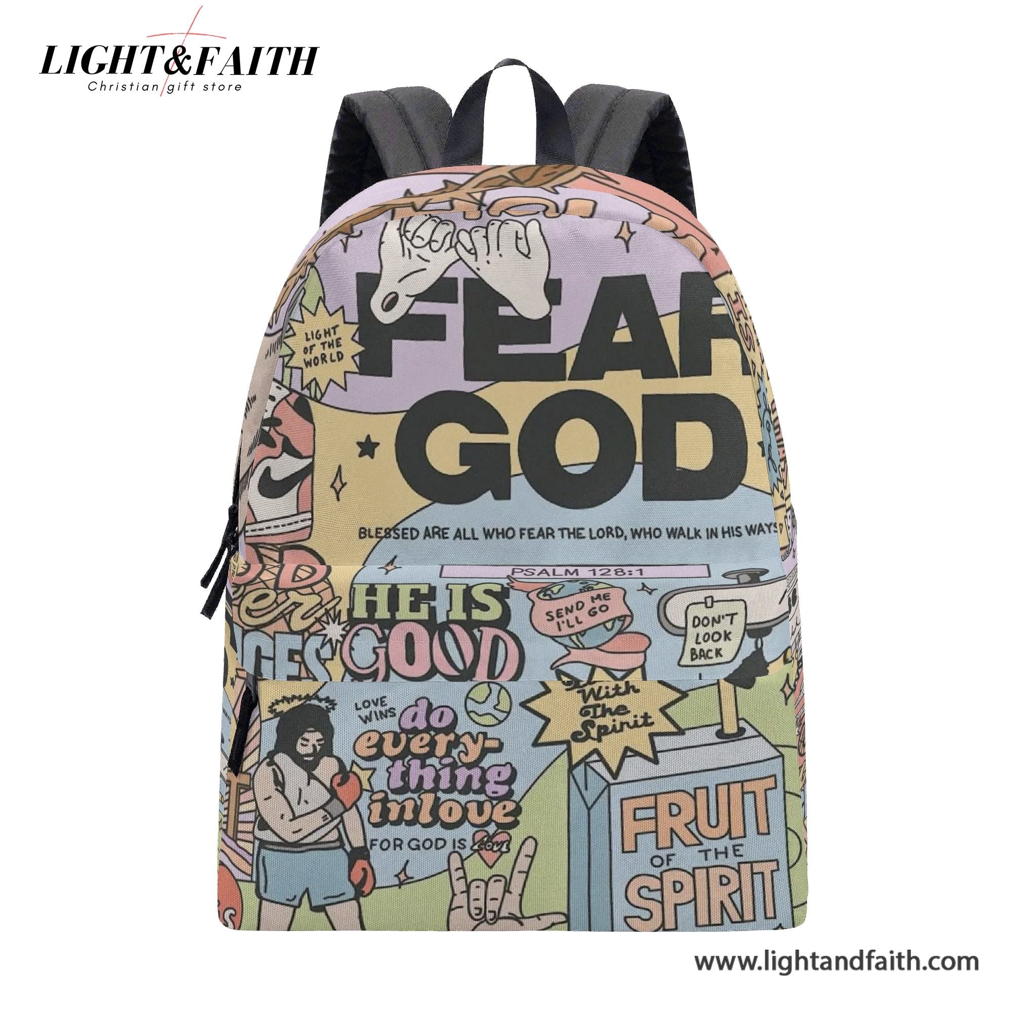Fear God Christian Backpack, Bold Bible Verse Comic Book Style Bag, Faith Streetwear School Backpack, Religious Gift for Teens & Men.PLAF55